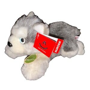 Aurora Babies Husky Dog Plush Blue Eyes Laying Flat # 10513 Realistic NWT 8"